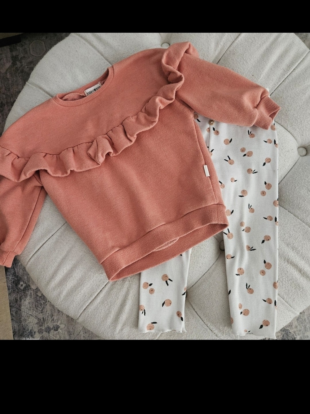 Girls Peach Ruffle Sweatshirt & Printed Leggings Pajama Set - Peach